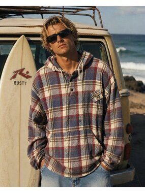 Vintage 90s Rusty Plaid Pullover Baja Hoodie Surf Skate Grunge USA Mens M? RARE!
